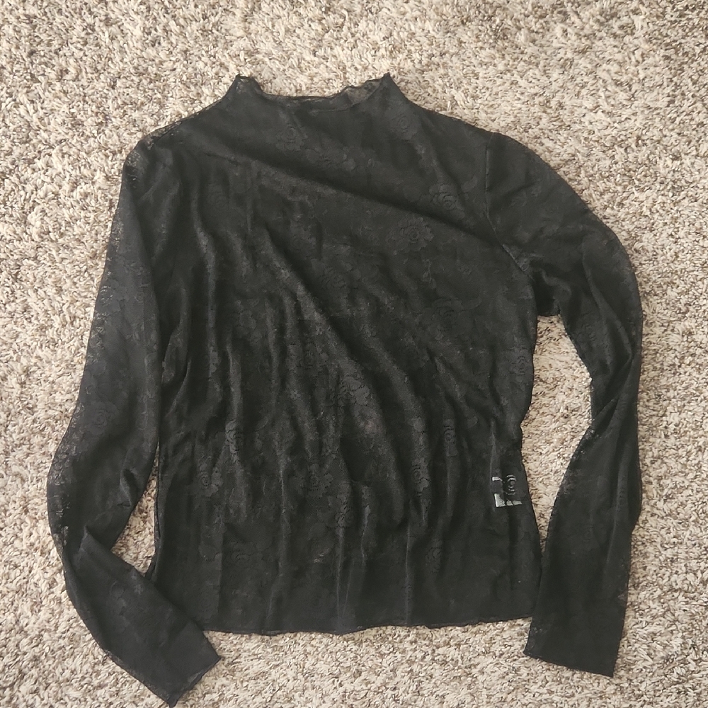 Mock Neck Black Floral Lace Layering Top Medium
